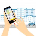 Taxi service. Smartphone and touchscreen, city skyscrapers. Transportation network app, calling a cab by mobile phone concept.